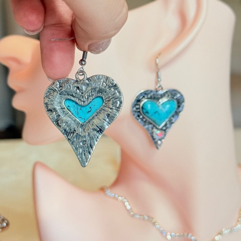 Western Silver Heart Earrings with Turquoise - Picture 7 of 11